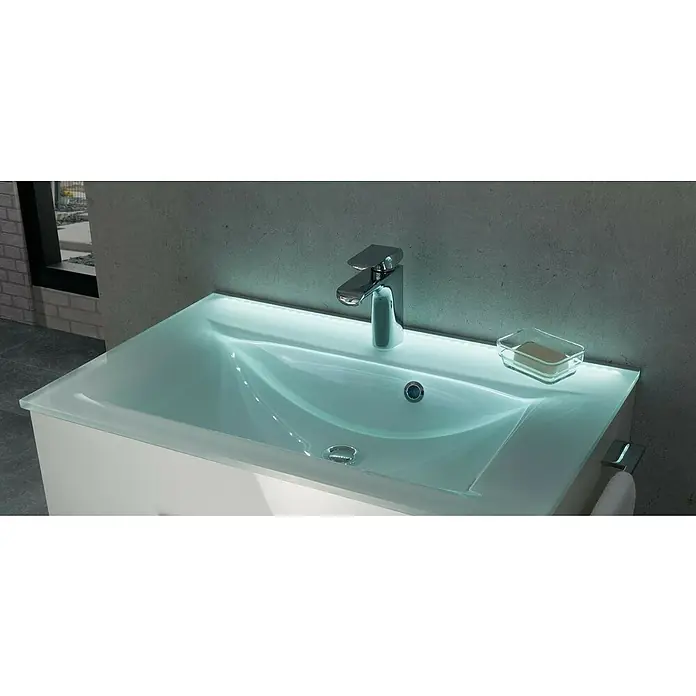 Fackelmann LED-Beleuchtung - 3,75 W, B x L: 1,5 x 79,9 cm - Elegantes Waschbecken mit Glasplatte, stilvoller Armatur und Seifenschale. Die integrierte Beleuchtung setzt moderne Akzente im Bad.