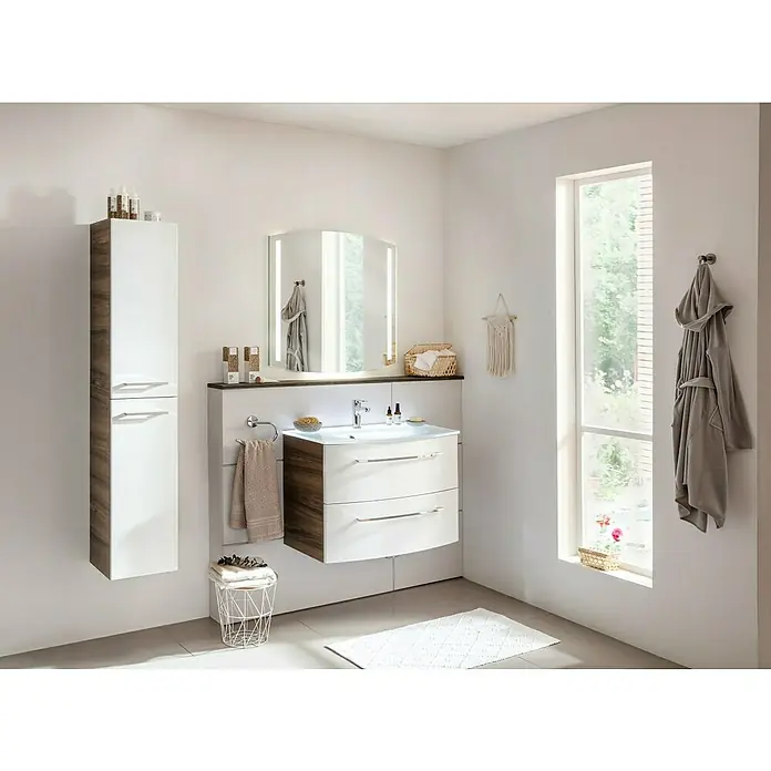 Fackelmann Verona Hochschrank - B x T x H: 30 x 31,8 x 162 cm, DIN Anschlag: Links, Weiß Hochglanz/Nussbaum Holzoptik - Modernes Badezimmer mit Waschtischunterschrank in Holzoptik und Weiß, Spiegelschrank mit Beleuchtung und Hochschrank.