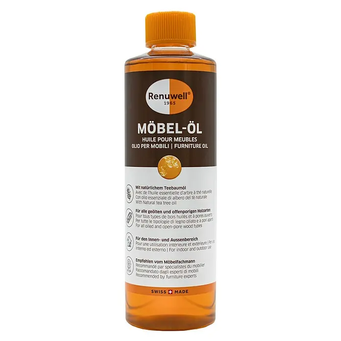 Renuwell Möbel-Öl - 500 ml - Produktbild von Renuwell Möbel-Öl mit Teebaumöl, geeignet für geölte und offenporige Holzarten im Innen- und Aussenbereich.