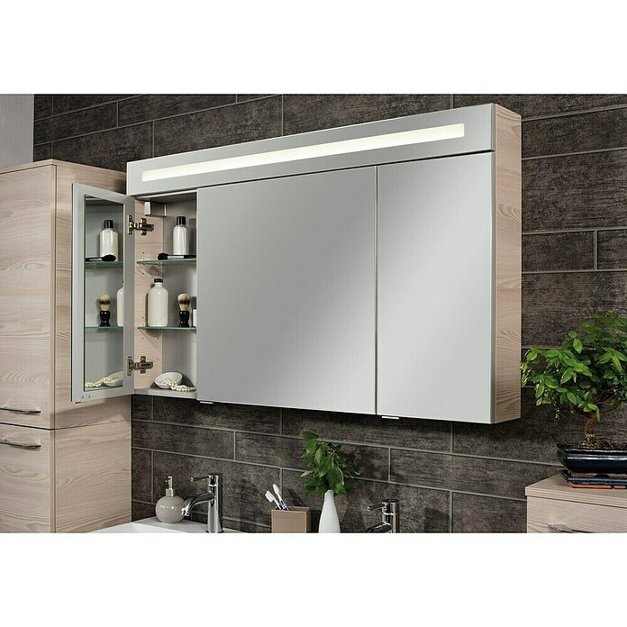 Fackelmann B.clever LED-Spiegelschrank (3-türig, B x H: 120 x 70,6 cm, Holzoptik Alaska Esche) | BAUHAUS