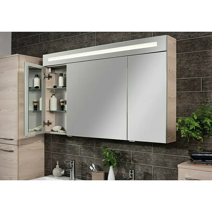 Fackelmann B.clever LED-Spiegelschrank - B x H: 120 x 70,6 cm, Holzoptik Alaska Esche, Anzahl Türen: 3 Stk. - Ein Badezimmer-Spiegelschrank mit integrierter Beleuchtung und Holzoptik fügt sich nahtlos in das moderne Badambiente ein und bietet praktischen Stauraum.