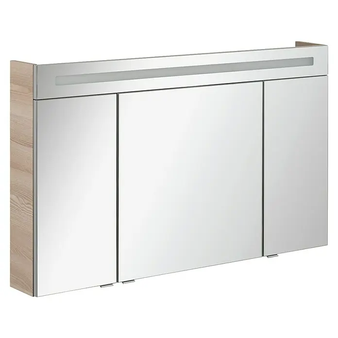 Fackelmann B.clever LED-Spiegelschrank - B x H: 120 x 70,6 cm, Holzoptik Alaska Esche, Anzahl Türen: 3 Stk. - Elegantes Badezimmer-Spiegel-Element mit Holzrahmen und integrierter Beleuchtung für ein stilvolles Ambiente.