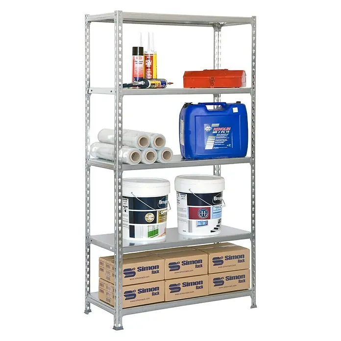 Simonrack Simonclick Metallregal Simonclick Mini - H x B x T: 180 x 80 x 30 cm, Traglast pro Boden: 180 kg, Anzahl Böden: 5 Stk., Stecken, Silber/Silber - Aufnahme einer Regalkonstruktion aus Metall mit fünf Ablagen, die mit verschiedenen Gegenständen wie Farbbehältern und Werkzeug gefüllt sind.