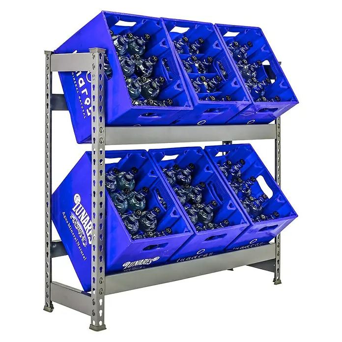 Simonrack Simonbottle Getränkekistenregal Bottleclick - H x B x T: 100 x 100 x 30 cm, Traglast Einlegeboden: 100 kg, Anzahl Böden: 2 Stk., Stecken, Grau - Regal mit blauen Wasserkästen der Marke Lunares. Ideal für den Einzelhandel oder die Gastronomie, um Getränke ansprechend zu präsentieren.