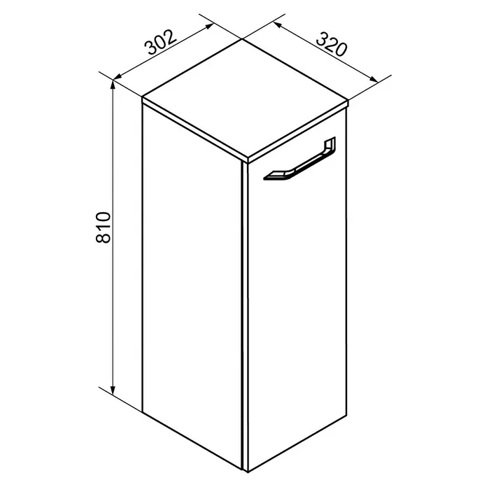 Fackelmann B.clever Bad-Midischrank - B x T x H: 30,2 x 32 x 81 cm, Weiß - Das Bild zeigt einen schmalen, hohen Badezimmerschrank in isometrischer Ansicht mit Griff und den Maßen 302 x 320 x 810 mm.