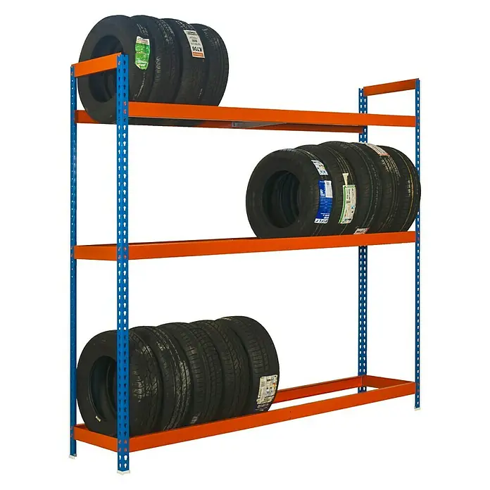 Simonrack Simonauto Reifenregal Autoforte - H x B x T: 200 x 120 x 45 cm, Anzahl Träger: 3 Stk., Stecken, Blau/Orange - Reifenregal mit drei Ebenen, auf denen mehrere Reifen ordentlich gestapelt sind. Solide Konstruktion für Lagerzwecke.