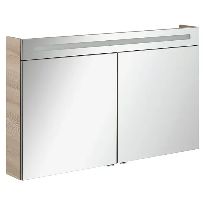 Fackelmann B.clever LED-Spiegelschrank - B x H: 120 x 70,6 cm, Holzoptik Alaska Esche, Anzahl Türen: 2 Stk. - Ein moderner Spiegelschrank mit Holzrahmen und integrierter Beleuchtung für das Badezimmer. Praktische Badezimmermöbel mit stilvollem Design.