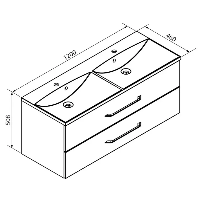 Fackelmann B.clever Badmöbel-Set - Gesamtbreite Badmöbel: 120 cm, Mit Doppel-Gussmarmorbecken, Alaska Esche Holzoptik, Matt - Zeichnung eines Badezimmerwaschtisches mit zwei Waschbecken und Schubladen, mit Maßen angegeben.