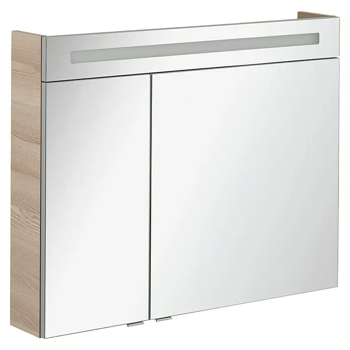 Fackelmann B.clever LED-Spiegelschrank - B x H: 90 x 70,6 cm, Holzoptik Alaska Esche, Anzahl Türen: 2 Stk. - Dieser Spiegelschrank verfügt über eine LED-Beleuchtung und eine Holzumrandung, die dem Badezimmer einen Hauch von Wärme verleiht.