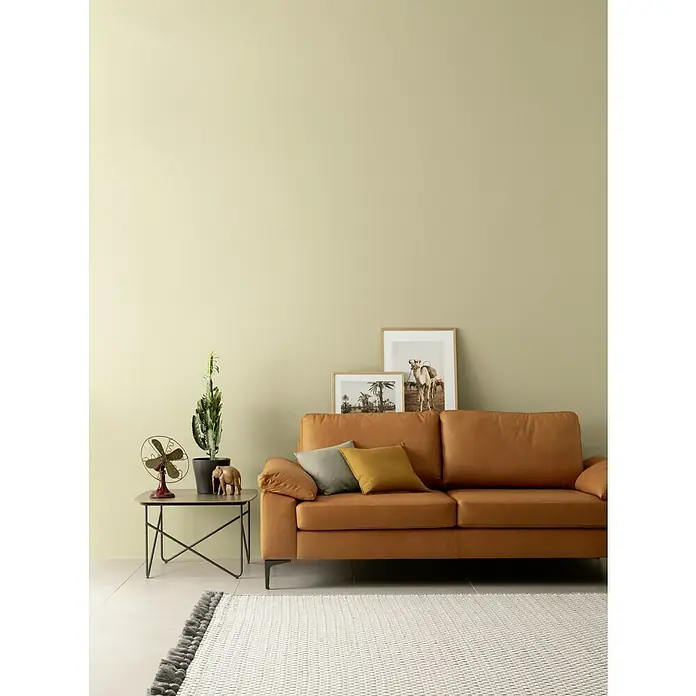 SCHÖNER WOHNEN-Farbe Wandfarbe Designfarbe - Verträumtes Wüstenbeige, Matt, 2,5 l, Konservierungsmittelfrei - Wohnzimmer mit einem cognacfarbenen Ledersofa, einem Beistelltisch und dekorativen Accessoires.