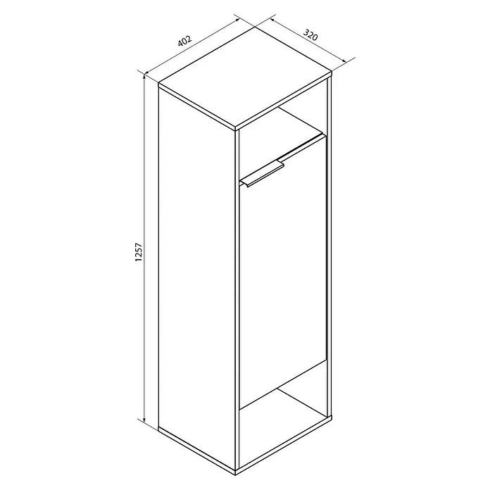 Fackelmann B.Paris Midischrank - B x T x H: 40,2 x 32 x 125,7 cm, Anschlag: Rechts, Cubanit grau - Perspektivische Darstellung eines schmalen, hohen Schrankes in Weiß mit offenen Fächern und einer Tür, versehen mit Größenangaben.