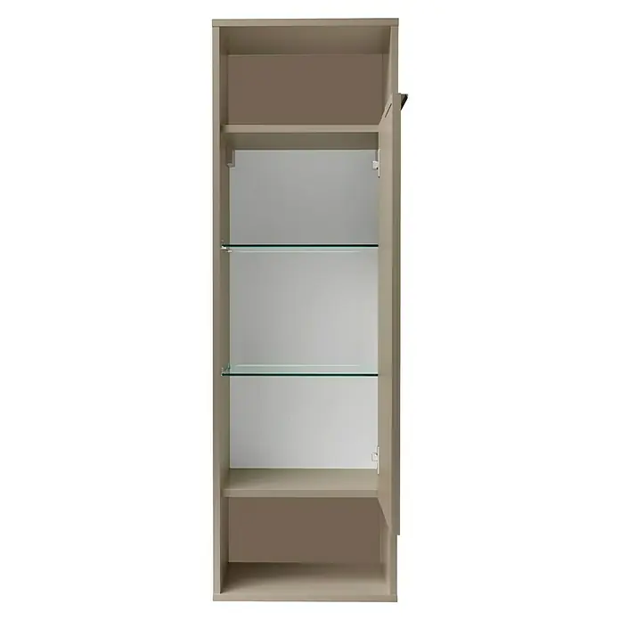 Fackelmann B.Paris Midischrank - B x T x H: 40,2 x 32 x 125,7 cm, Anschlag: Rechts, Cubanit grau - Ein offener, beiger Badezimmerschrank mit zwei Glasböden und einem zusätzlichen Boden bietet viel Stauraum für Badutensilien.