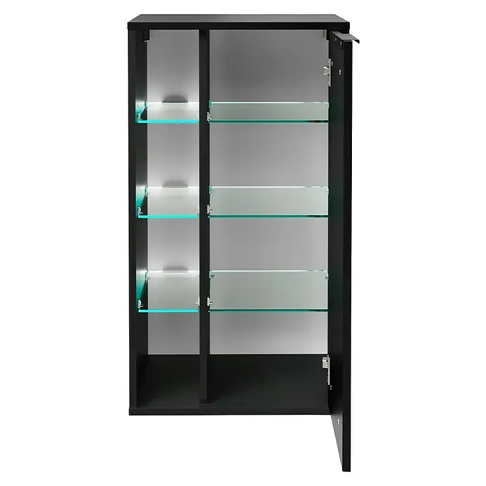 Fackelmann B.Paris Midischrank - B x T x H: 47 x 32 x 84,2 cm, Anschlag: Rechts, Rigoletto - Offener, schwarzer Hängeschrank mit Glasböden und integrierter Beleuchtung. Praktisches Möbelstück zur Aufbewahrung von Badutensilien.