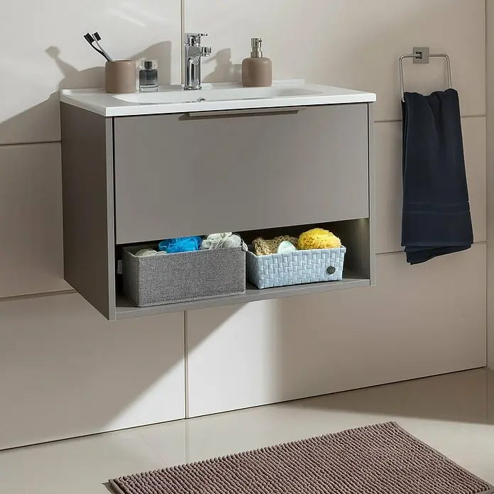 Fackelmann B.Paris Badmöbel-Set - Gesamtbreite Badmöbel: 70,5 cm, Cubanit grau, Material Waschbecken: Marmorguss - Elegantes Badezimmer mit einem grauen Waschtischunterschrank, der Stauraum mit Körben bietet und Handtuchhalter.