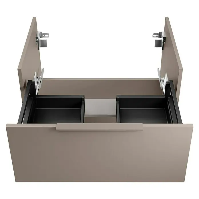 Fackelmann B.Paris Badmöbel-Set - Gesamtbreite Badmöbel: 70,5 cm, Cubanit grau, Material Waschbecken: Marmorguss - Ein offener Badezimmerschrank mit zwei schwarzen Auszügen und hellem Interieur, perfekt für eine moderne Badgestaltung.