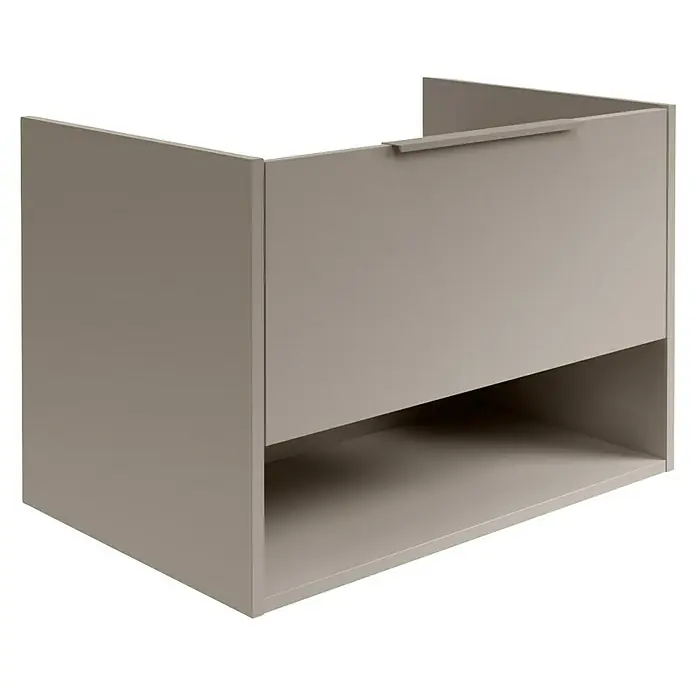 Fackelmann B.Paris Badmöbel-Set - Gesamtbreite Badmöbel: 70,5 cm, Cubanit grau, Material Waschbecken: Marmorguss - Das Bild zeigt einen modernen, schwebenden Badezimmerschrank in einer neutralen Farbe mit einer Schublade und einem offenen Fach zur Aufbewahrung.