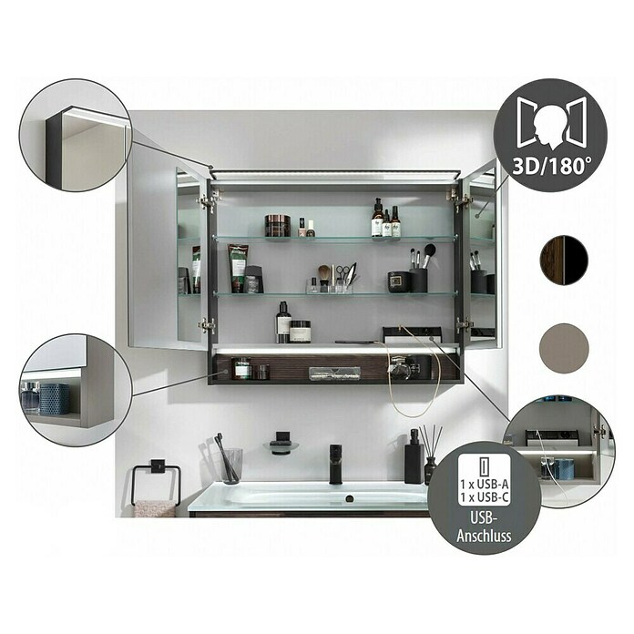Fackelmann B.Paris LED-Spiegelschrank (B x H: 70 x 71,8 cm, 2-türig, Cubanit Grau) | BAUHAUS