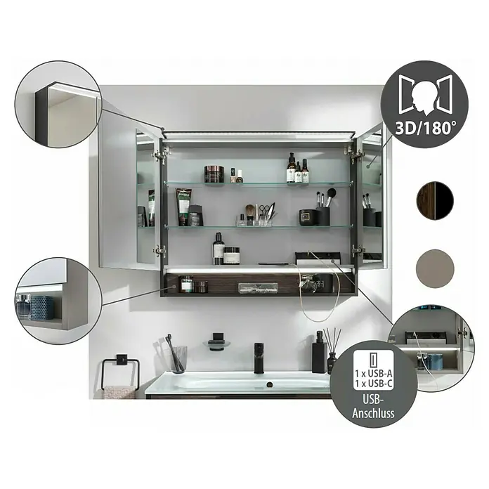 Fackelmann B.Paris LED-Spiegelschrank - B x H: 70 x 71,8 cm, 2-türig, Cubanit grau - Ein offener Spiegelschrank mit USB-Anschluss, der einen Blick auf Glasböden und Kosmetikartikel freigibt. Die Badarmatur darunter ist stilvoll.