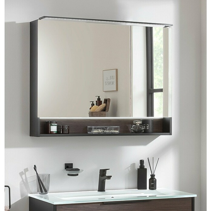 Fackelmann B.Paris LED-Spiegelschrank (B x H: 90 x 71,8 cm, 2-türig, Rigoletto Eiche Holzoptik/Schwarz) | BAUHAUS