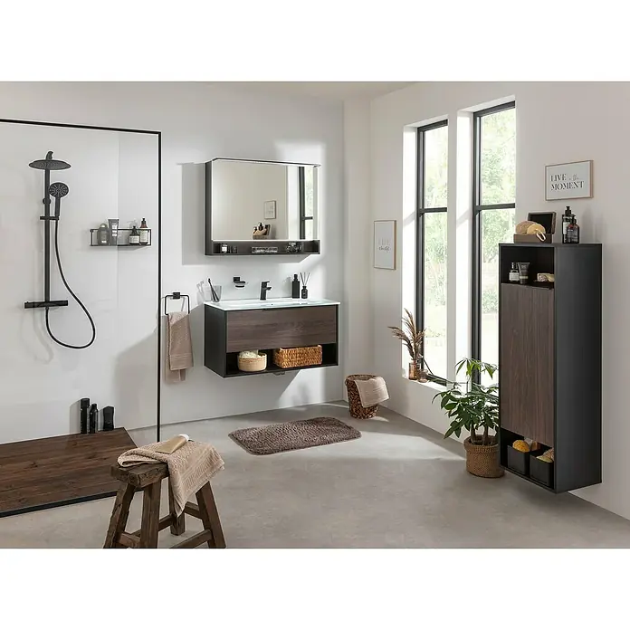 Fackelmann B.Paris LED-Spiegelschrank - B x H: 90 x 71,8 cm, 2-türig, Rigoletto - Elegantes Badezimmer mit modernem Waschtisch in Holzoptik, stilvollem Spiegelschrank und minimalistischer Dusche. Das Badmöbel-Set bietet viel Stauraum.