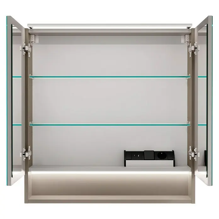 Fackelmann B.Paris LED-Spiegelschrank - B x H: 70 x 71,8 cm, 2-türig, Cubanit grau - Offener Spiegelschrank mit Glasablagen und integrierter Beleuchtung für das Badezimmer, ideal für eine stilvolle Aufbewahrung.