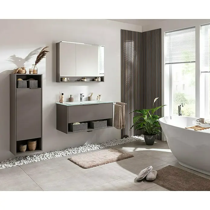 Fackelmann B.Paris Midischrank - B x T x H: 40,2 x 32 x 125,7 cm, Anschlag: Links, Cubanit grau - Elegantes Badezimmer-Interieur mit modernem Waschtischunterschrank, Spiegelschrank und passendem Hochschrank in Grau.