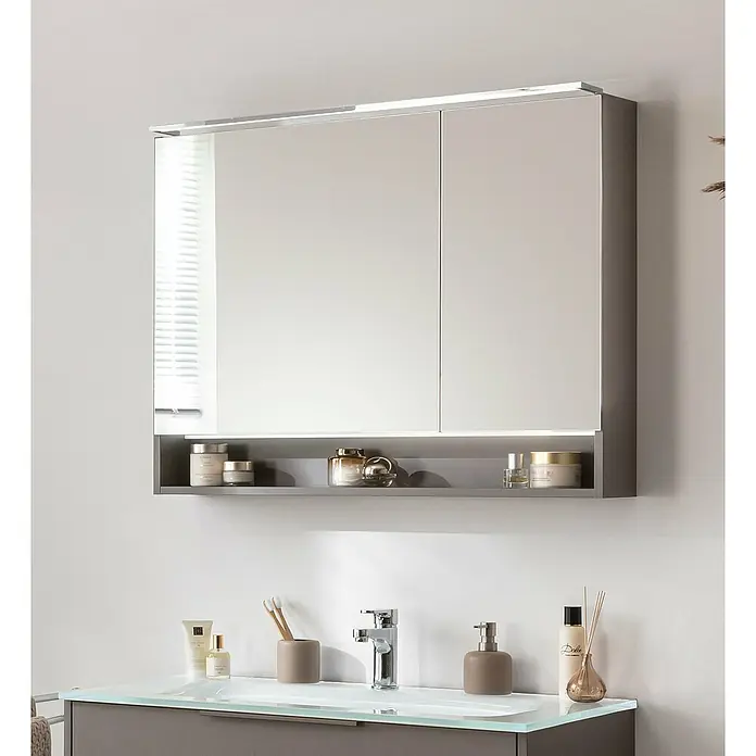 Fackelmann B.Paris LED-Spiegelschrank - B x H: 90 x 71,8 cm, 2-türig, Cubanit grau - Ein moderner Badezimmerschrank mit Spiegel und Ablage, perfekt für stilvolle Badezimmeraufbewahrung und Organisation.
