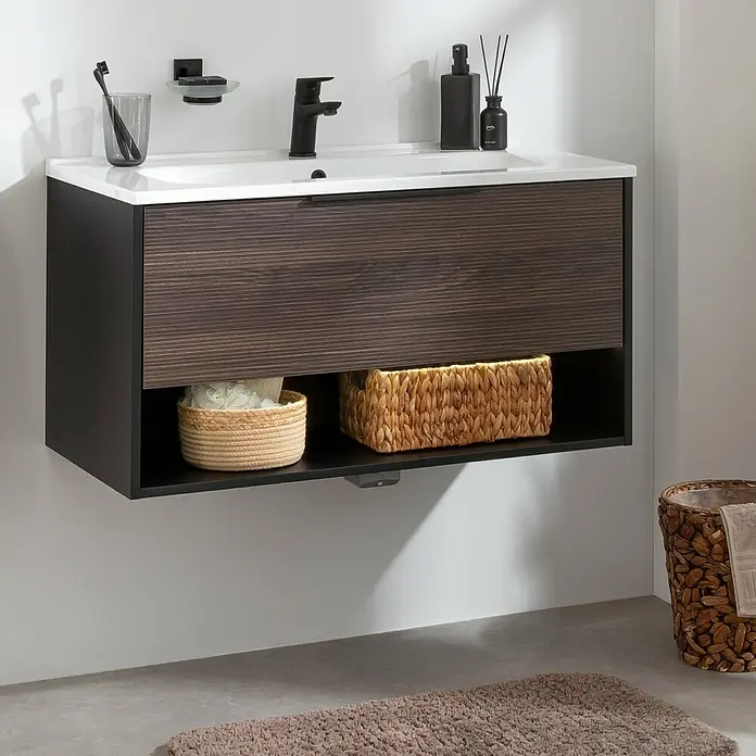 Fackelmann B.Paris Badmöbel-Set - Gesamtbreite Badmöbel: 90,5 cm, Rigoletto, Material Waschbecken: Marmorguss - Modernes Badezimmerwaschbecken mit dunklem Holzschrank und praktischen Aufbewahrungskörben. Perfekt für stilvolle Badgestaltung.