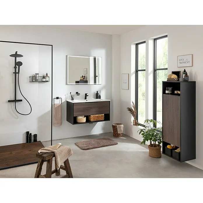 Fackelmann B.Paris Badmöbel-Set - Gesamtbreite Badmöbel: 90,5 cm, Rigoletto, Material Waschbecken: Marmorguss - Modernes Badezimmer mit Waschtischunterschrank in Holzoptik, beleuchtetem Spiegel und schwarzer Duscharmatur für ein stilvolles Ambiente.