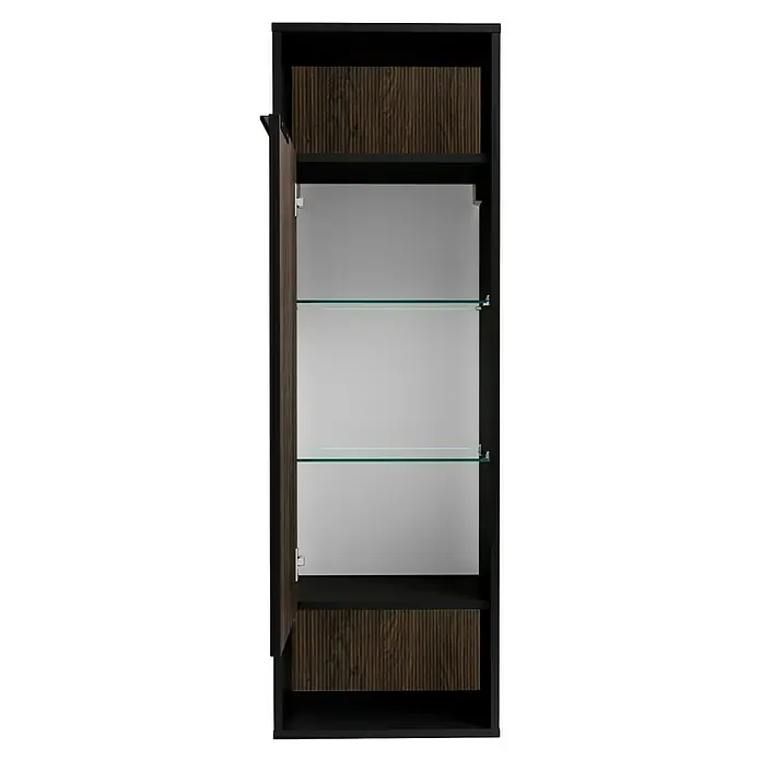 Fackelmann B.Paris Midischrank - B x T x H: 40,2 x 32 x 125,7 cm, Anschlag: Links, Rigoletto - Ein offener Badezimmerschrank in dunklen Farbtönen mit mehreren Glasablagen und einer Holzdekorplatte oben und unten.