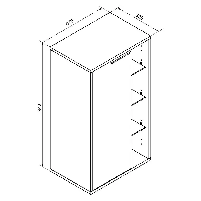 Fackelmann B.Paris Midischrank - B x T x H: 47 x 32 x 84,2 cm, Anschlag: Links, Rigoletto - Produktabbildung eines Schrankes mit den Maßen 842x470x320. Der Schrank hat eine Tür und Regale.