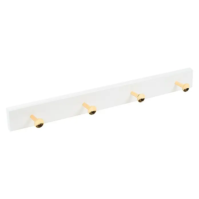 Nesu Perchero 9014 - L x An x Al: 485 x 5 x 49 cm, Madera, Blanco/Dorado, 4 Pomos - Perchero de pared blanco con cuatro ganchos dorados, ideal para recibidores o dormitorios para colgar chaquetas y accesorios con estilo.
