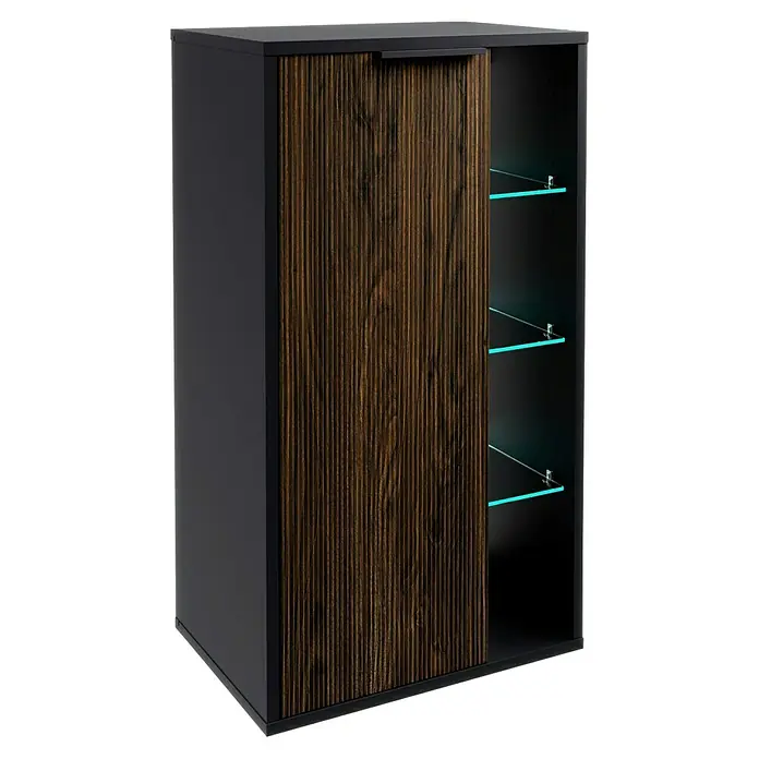 Fackelmann B.Paris Midischrank - B x T x H: 47 x 32 x 84,2 cm, Anschlag: Links, Rigoletto - Elegantes Sideboard in Anthrazit mit einer Schiebetür in Holzoptik und Glasböden mit blauer Beleuchtung.