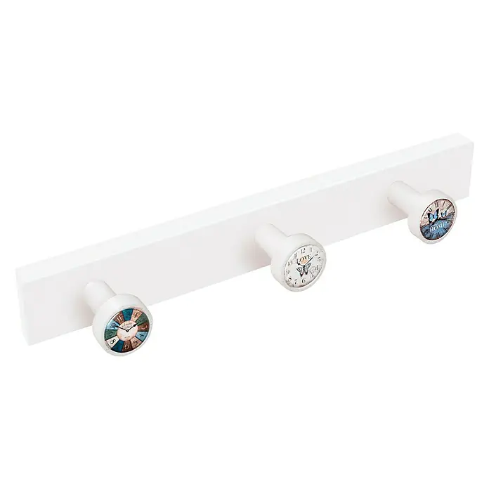 Nesu Perchero 9049 - L x An x Al: 35,8 x 5 x 6,5 cm, Madera, Blanco, 3 Pomos - Perchero de pared con tres ganchos en blanco con estampado, ideal para habitaciones infantiles. Práctico y decorativo.