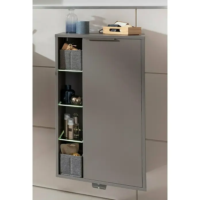 Fackelmann B.Paris Midischrank - B x T x H: 47 x 32 x 84,2 cm, Anschlag: Rechts, Cubanit grau - Grauer Badezimmerschrank mit Regalen und stilvollen Akzenten. Der Schrank bietet viel Stauraum für Badutensilien und Kosmetikartikel.