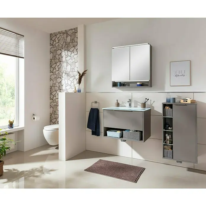 Fackelmann B.Paris Midischrank - B x T x H: 47 x 32 x 84,2 cm, Anschlag: Rechts, Cubanit grau - Modernes Badezimmer-Interieur mit Waschtisch, Spiegelschrank und Ablageschrank in Grau. Helle, freundliche Atmosphäre mit stilvollem Design.