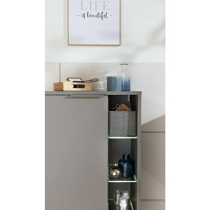 Fackelmann B.Paris Midischrank - B x T x H: 47 x 32 x 84,2 cm, Anschlag: Links, Cubanit grau - Das moderne Badezimmer-Möbelstück bietet stilvollen Stauraum mit einem grauen Schrank, Regalen mit Beleuchtung und dekorativen Elementen.