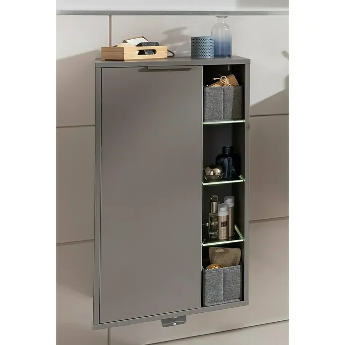 Fackelmann B.Paris Midischrank - B x T x H: 47 x 32 x 84,2 cm, Anschlag: Links, Cubanit grau - Der graue Badezimmerschrank mit beleuchteten Glasböden bietet stilvollen Stauraum für Badutensilien und Pflegeprodukte.