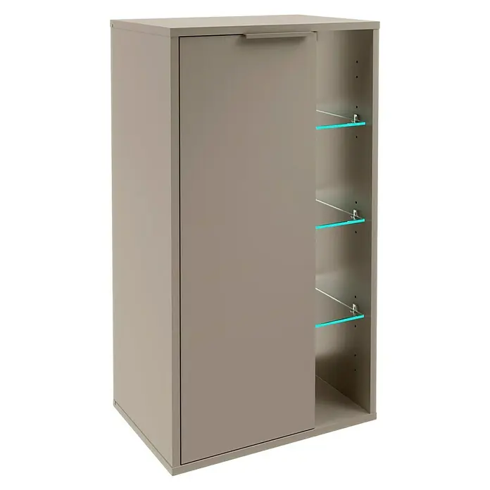 Fackelmann B.Paris Midischrank - B x T x H: 47 x 32 x 84,2 cm, Anschlag: Links, Cubanit grau - Modernes Sideboard in Taupe mit einer Tür und offenen Regalen mit Glasböden. Stilvolles Möbelstück für Wohn- oder Bürobereich.
