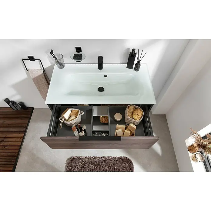 Fackelmann B.Paris Badmöbel-Set - Gesamtbreite Badmöbel: 90,5 cm, Rigoletto - Badezimmer-Waschtisch mit offenem Schubladenkorpus, der Badutensilien wie Seife und Schwämme enthält, modernes Design.