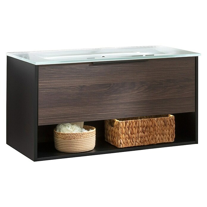 Fackelmann B.Paris Badmöbel-Set (Gesamtbreite Badmöbel: 90,5 cm, Mit Glasbecken, Rigoletto Eiche Holzoptik/Schwarz) | BAUHAUS