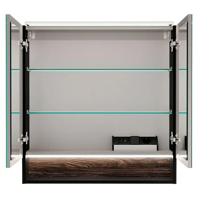 Fackelmann B.Paris LED-Spiegelschrank - B x H: 70 x 71,8 cm, 2-türig, Rigoletto - Offener Spiegelschrank mit Glasböden und Steckdosenleiste für Badezimmerutensilien. Elegantes Design mit Holzstruktur im unteren Bereich.