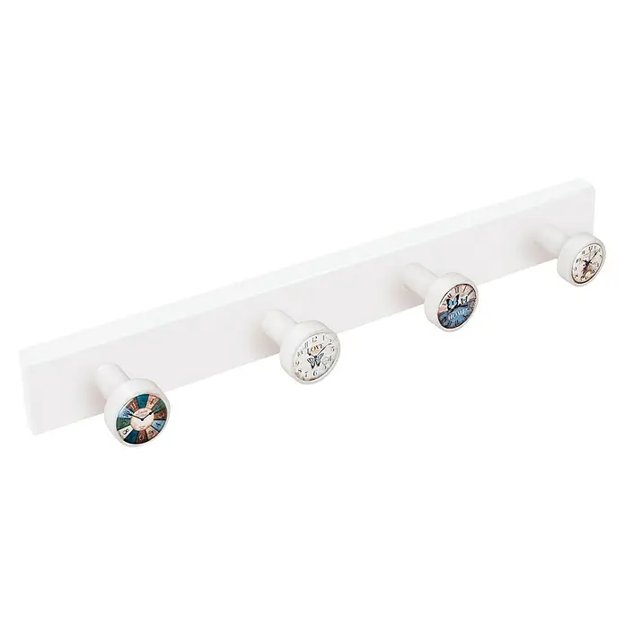 Nesu Perchero 9049 - L x An x Al: 48,5 x 5 x 6,5 cm, Madera, Blanco, 4 Pomos - Perchero de pared con cuatro pomos. Los pomos son blancos y tienen diferentes motivos con relojes y frases. Una solución de almacenamiento decorativa y práctica.