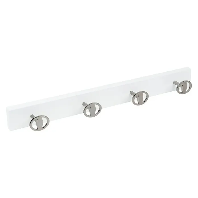 Nesu Perchero 9013 - L x An x Al: 485 x 5 x 55 cm, Madera, Blanco/Niquel, 4 Pomos - Perchero blanco con cuatro ganchos modernos de color plata. Una solución elegante y funcional para cualquier entrada.