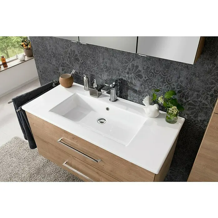 Fackelmann B.perfekt Badmöbel-Set - Gesamtbreite Badmöbel: 103 cm, Braun Hell, Matt, Komplettset aus Waschtischunterschrank, Waschtisch und Spiegelschrank - Badezimmereinrichtung mit modernem Waschtisch, Armatur, weißem Aufsatzwaschbecken und Handtuchhalter für ein stilvolles Ambiente.