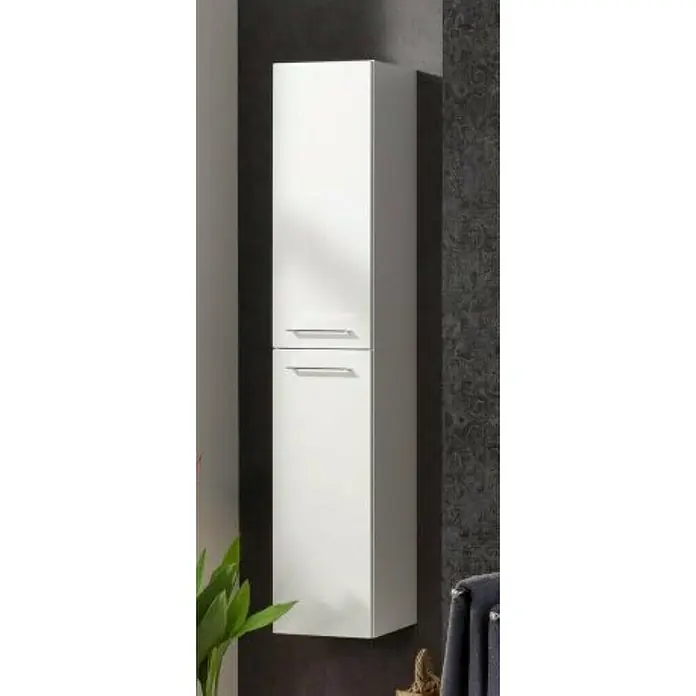 Fackelmann B.perfekt Bad-Hochschrank - B x T x H: 30 x 31,8 x 158,8 cm, Weiß Hochglanz - Ein schlanker, weißer Badezimmerschrank mit zwei Türen und minimalistischen Griffen, ideal zur stilvollen Aufbewahrung im Bad.