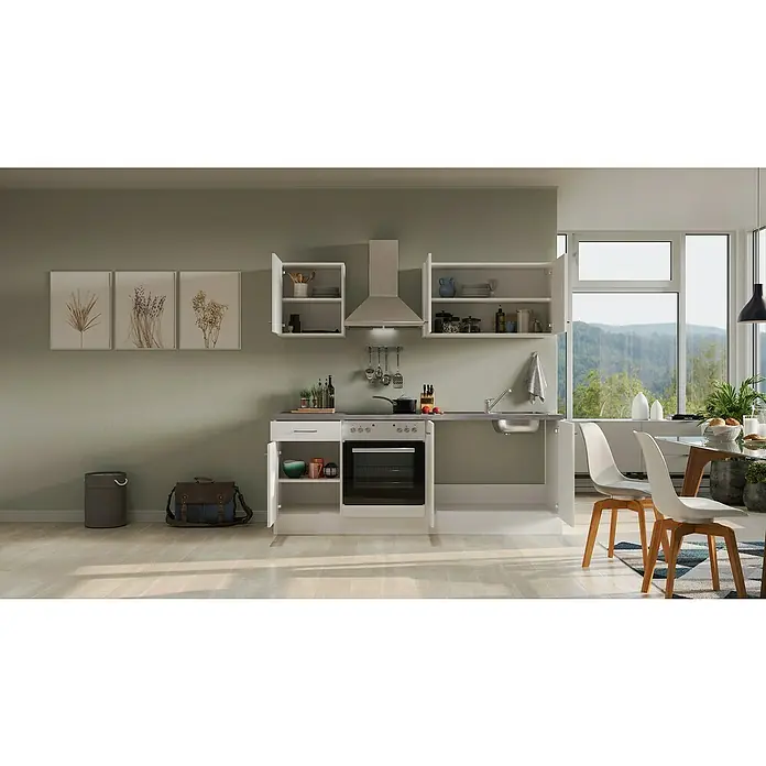 Flex-Well Rom  Singleküche - Breite: 210 cm, Weiß, Mit Elektrogeräten - Moderne Küche mit weißen Schränken, Dunstabzugshaube und großem Fenster für viel Tageslicht. Der perfekte Ort zum Kochen und Genießen.
