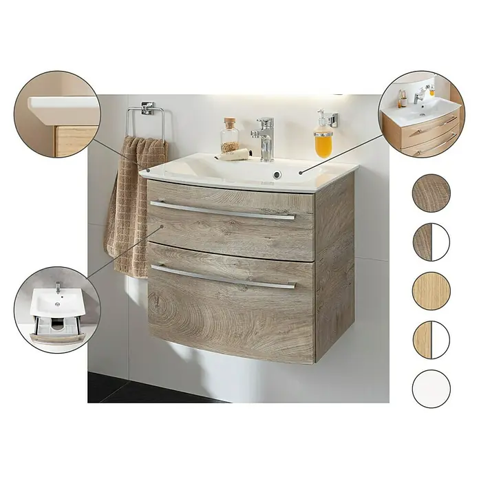 Fackelmann B.style Badmöbel-Set - Gesamtbreite Badmöbel: 83,2 cm, Sandeiche - Waschtischunterschrank mit zwei Schubladen in Holzoptik und Aufsatzwaschbecken für ein modernes Badezimmerdesign.
