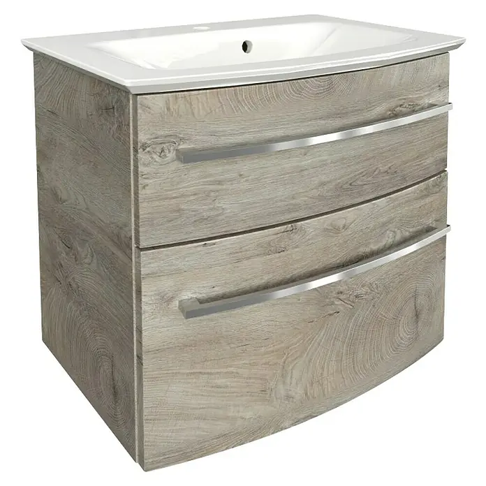 Fackelmann B.style Badmöbel-Set - Gesamtbreite Badmöbel: 63,2 cm, Nature Oak Holzoptik - Das Bild zeigt einen modernen Waschtischunterschrank mit zwei Schubladen im Holzdesign und einem weißen Waschbeckenaufsatz. Die Griffe sind aus Metall.