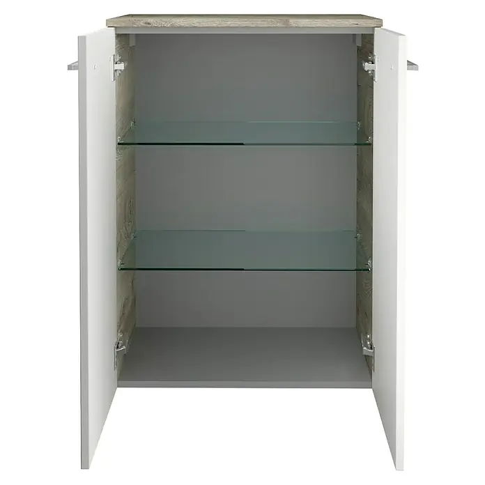 Fackelmann B.style Midischrank - 2-türig, B x T x H: 60,2 x 32 x 82,6 cm, Nature Oak Holzoptik/Weiß - Abbildung eines offenen Badezimmerschranks mit weißen Türen und zwei Glasböden für Badutensilien und Accessoires.